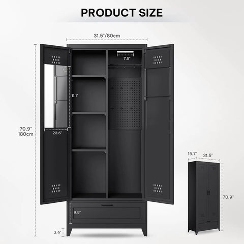 Open Beefy Steel Garage Storage Cabinet With Adjustable Shelves And A Drawer For Tools And Vacuum Storage Built For Tough Jobs In Home Garage Gym Basement Or Warehouse Black Powder Coat Finish And Tip Resistant Base For Stability, showing internal shelves and dimensions.