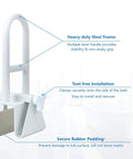 Sturdy Heavy Duty Tub Grab Bar Safety Rail with adjustable clamp, indicating heavy-duty steel frame and tool-free installation.