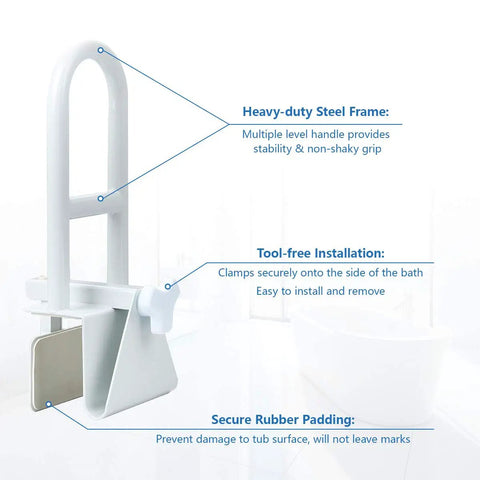 Sturdy Heavy Duty Tub Grab Bar Safety Rail with adjustable clamp, indicating heavy-duty steel frame and tool-free installation.