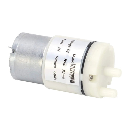 Close-up of 3W Micro Diaphragm Pump, model VN2708PM, 6V, designed for low voltage aquarium use and appliance repairs.