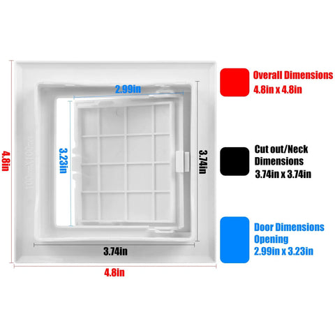 Heavy Duty 4X4 Inch Drywall Access Panel White Plastic Ceiling Repair Door UV Resistant Styrene dimensions 4.8x4.8 inches