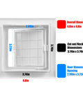 Detailed measurements of No Sweat 4X4 Inch Hinged Plastic Access Panel For Drywall And Ceilings in white.