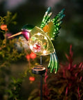 Outdoor Solar Hummingbird Garden Lights For Pathway And Patio, cozy warm yellow LED stake lights glowing in a garden