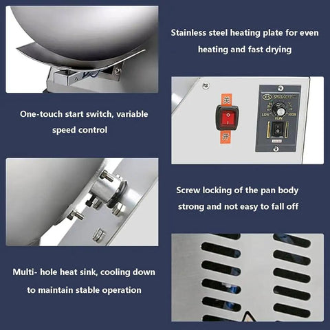 Slick Commercial Electric Sugar Coater Machine With Nine Adjustable Speeds For Sweet Candy Polishing and Smooth Chocolate Coating Results That Hit Different with stainless steel heating plate and control panel.