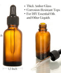 4 Pack 30ml Dark Amber Glass Dropper Bottles With 1 Funnel And 4 Labels, showing close-up and side view of amber bottles.
