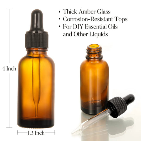 4 Pack 30ml Dark Amber Glass Dropper Bottles With 1 Funnel And 4 Labels, showing close-up and side view of amber bottles.