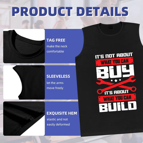 Mens Premium Cotton Muscle Tee Featuring Vintage Race Car And Moto Mechanic Graphics lightweight breathable sleeveless top with tag free round neck.
