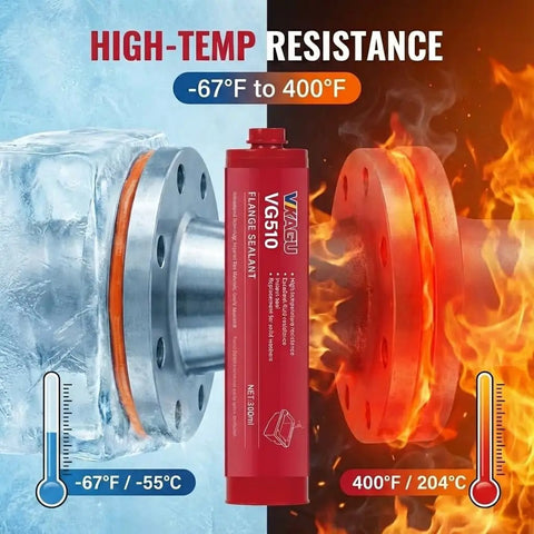 Industrial Grade High Temp Anaerobic Gasket Maker Sealant For Heavy Duty Machinery And Transmissions, 4 Pack 10.14 Fl Oz Cartridges, Oil Gasoline And Transmission Fluid Resistant, Cures Up To 400 F For Instant Seals. Red flange sealant cartridge shown with 400°F resistance.