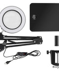 15X Magnifying Glass Lamp With Clamp And Stand, 72 LED Desk Light, flexible arms, USB power cable, clamp attachments visible