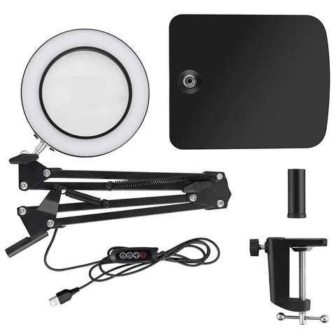 15X Magnifying Glass Lamp With Clamp And Stand, 72 LED Desk Light, flexible arms, USB power cable, clamp attachments visible