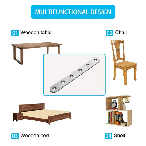 Stainless Steel Straight Brace Set For Home Improvement, Four Pieces 156 By 18 Mm Flat Brackets With 24 Included Screws shown with furniture