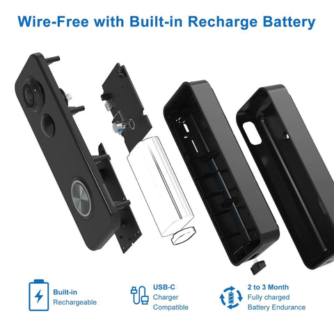 Exploded view of Wireless Doorbell Camera With 180 Degree Full Body View No Subscription Required 2K HD Live View Two Way Talk Battery Powered Video Doorbell With Chime Motion Alerts Works With Alexa And Google Assistant 2 4G WiFi showing rechargeable battery components.
