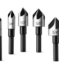 Five Piece Countersink Drill Bit Set With One Quarter To Three Quarter Inch Shanks HSS 4241 82 Degree Countersink Bits