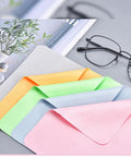 Ten-pack microfiber eyeglass cleaning cloths; pastel colors, thickened 230GSM, for glasses cleaning.
