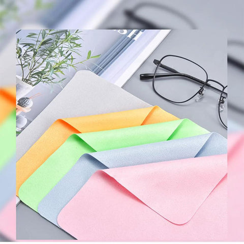 Ten-pack microfiber eyeglass cleaning cloths; pastel colors, thickened 230GSM, for glasses cleaning.