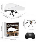 Totally Fun DIY Electric Remote Control Paper Airplane Kit With Gyro Stabilizer And Dual Propellers box, plane, and remote