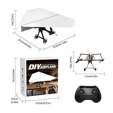 Totally Fun DIY Electric Remote Control Paper Airplane Kit With Gyro Stabilizer And Dual Propellers box, plane, and remote
