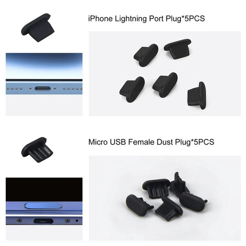 Ultimate USB Port Dust Plug Kit with 30 Silicone Caps including iPhone and Micro USB Plugs visible in black color.