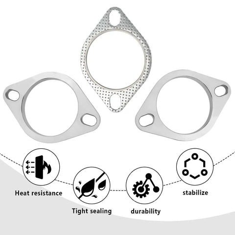 Beefy 2.5 Inch Two Bolt Exhaust Flange Repair Kit With Premium Stainless Steel Muffler Gasket and rugged exhaust bolts, showing gaskets.
