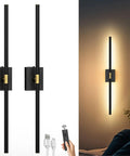 Cordless Battery Wall Sconces Set Of 2 Packed With 10000 Mah Power And Zero Wiring Hassle For Quick Setup And Sleek Matte Black Finish To Level Up Your Home Lighting Vibes, showcased mounted on a wall with remote.