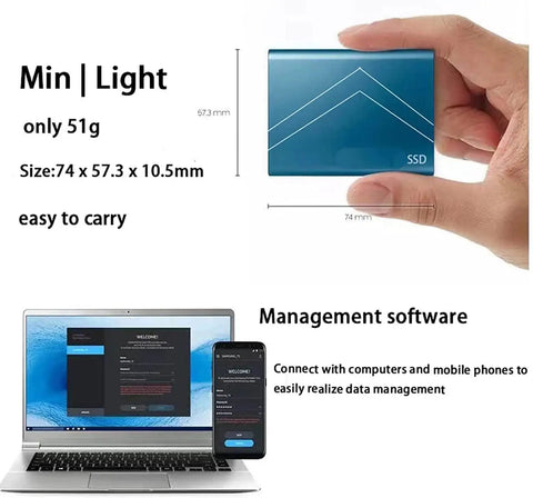Hand holding External SSD USB 3.1 Type C High Speed Drive with 540 MB/s read and 500 MB/s write, shown with management software on devices