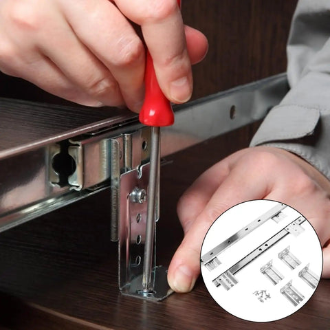 Installing Rock Solid 14 Inch Keyboard Drawer Slides With Smooth Ball Bearings under a desk with tools for workspace use.