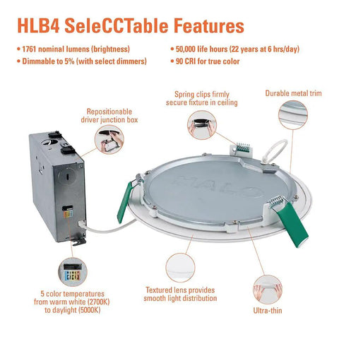 Diagram showing features of 8 Inch Canless Recessed LED Ceiling Light You Can Dim With Adjustable Color Temp Wet Location Rated Slim Profile