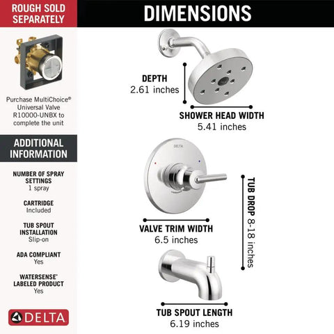 Trinsic 14 Series Tub And Shower Trim Kit With H2Okinetic PowerDrench Shower Head Chrome Finish, dimensions guide showing parts.