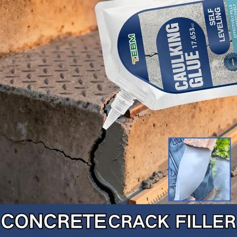 Concrete Patch And Leveler With Heavy Duty Base Seal And Ultra Smooth Finish For Ada Ramps seals a crack in concrete with a self-leveling caulking glue.