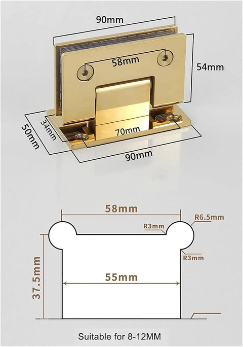 Gold Wall Mount Glass Shower Hinge for 8 to 12 mm Doors with Dimensions Detail