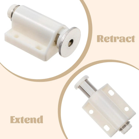 Set Of Two White Push To Open Magnetic Cabinet Door Latches showing retracted and extended positions