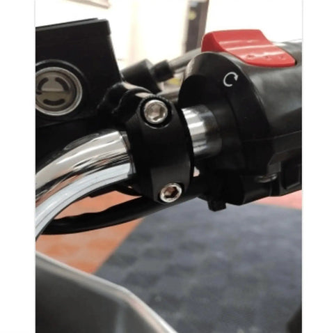 Slick Cnc Aluminum Motorcycle Brake Clutch Master Cylinder Clamp Cover Caps For 22Mm Handlebars shown on handlebars with red controls.