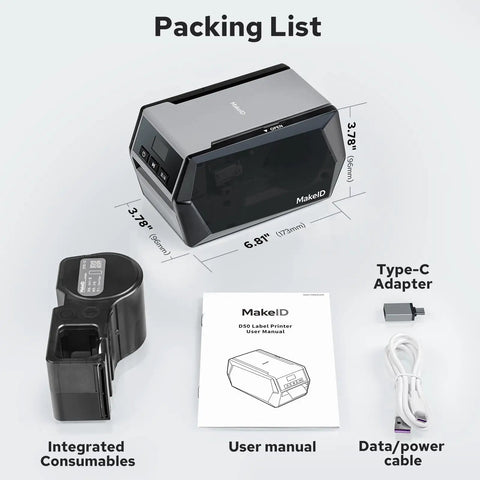 Rugged Industrial Label Printer With 2 Inch Print Head, Plug And Play Phone And Pc Sync, Beefy 2600 Mah Battery, Straight Up Job Site Workhorse For Cables, Assets, Electrical And Warehouse Markings - packing list with printer, user manual, and cables.