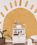 Large Fabric Watercolor Boho Half Sun Wall Decals Peel And Stick Pastel Sunrise Mural For Kids Baby Room Playroom Nursery Bedroom 94.49 Inches By 70.87 Inches Self Adhesive Arch Decor with child-sized kitchen setup.