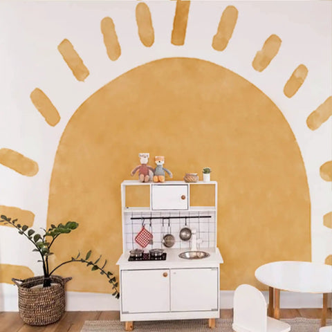Large Fabric Watercolor Boho Half Sun Wall Decals Peel And Stick Pastel Sunrise Mural For Kids Baby Room Playroom Nursery Bedroom 94.49 Inches By 70.87 Inches Self Adhesive Arch Decor with child-sized kitchen setup.