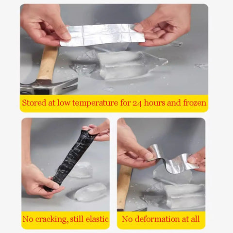 Demonstrating Built Tough 2mm Thick Butyl Roof Repair Tape Self Adhesive Aluminum Foil under cold conditions for elasticity.