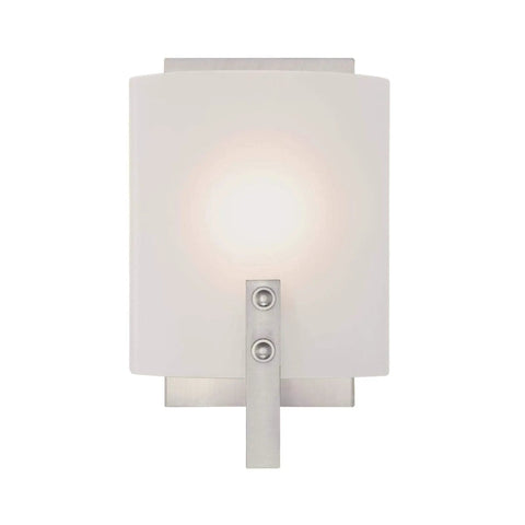 Enzo James One Light Indoor Wall Sconce in brushed nickel with frosted glass panel, front view.