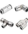 Heavy Duty 304 Stainless Steel Pneumatic Quick Connect Fittings Ten Piece Kit For Four Through Twelve Millimeter Air Lines, four connector types.