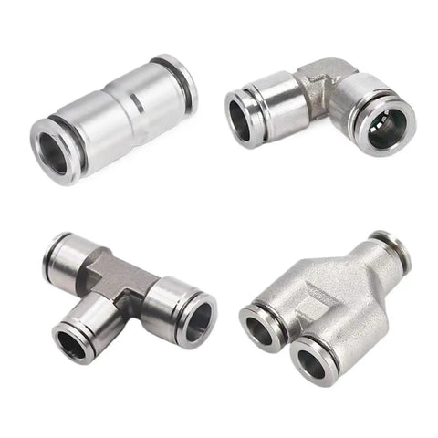 Heavy Duty 304 Stainless Steel Pneumatic Quick Connect Fittings Ten Piece Kit For Four Through Twelve Millimeter Air Lines, four connector types.