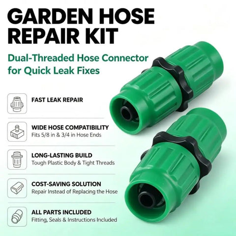 Fix Your Garden Hose Quick With Expandable Repair Kit For 5/8 And 3/4 Inch Water Lines, Dual Channel Green Plastic Connectors For Fast Fixing Long Lasting Yard Systems From 25 To 100 Feet Of Hosing; green plastic hose coupler