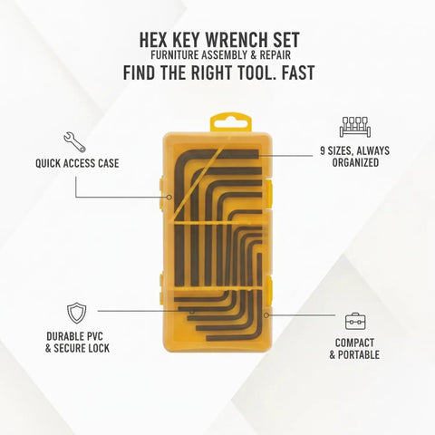 Snag This 9 Piece Hex Key Wrench Set For Quick Furniture Assembly And Gear Repair, Featuring A Tough PVC Case With Secure Lock Buckle To Keep Every Size Tool Safe And Organized For Any DIY Project Or Professional Job Site Hustle. yellow PVC case with 9 hex keys