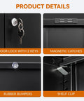 Close-up of Beefy Heavy Duty Metal Storage Cabinet With One Drawer And Adjustable Shelf For Garage Office Or Home, showing product details like lock, magnetic catches, rubber bumpers, and shelf clip.