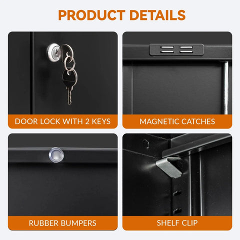 Close-up of Beefy Heavy Duty Metal Storage Cabinet With One Drawer And Adjustable Shelf For Garage Office Or Home, showing product details like lock, magnetic catches, rubber bumpers, and shelf clip.