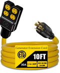 Heavy Duty Nema L14-30p To Four Port Generator Power Adapter With Twist Lock Plug, 30 Amp Extension Cord, 10ft yellow cable.