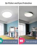 12 Inch LED Flush Mount Ceiling Light 24W Waterproof IP54 For Indoor And Outdoor Use No Fuss Surface Flat Round Fixture Ideal For Bathroom Bedroom Kitchen Hallway Garden Patio Easy Install with phone comparison showing no flicker feature.