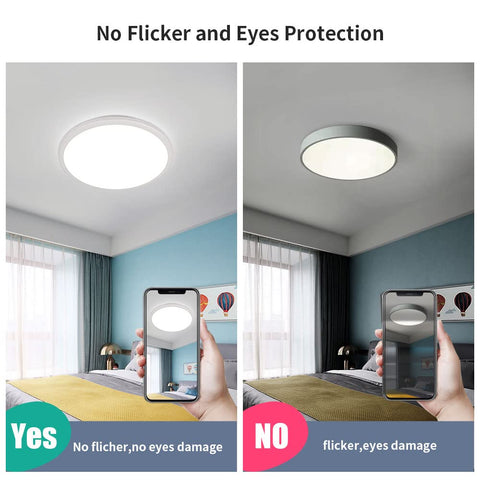 12 Inch LED Flush Mount Ceiling Light 24W Waterproof IP54 For Indoor And Outdoor Use No Fuss Surface Flat Round Fixture Ideal For Bathroom Bedroom Kitchen Hallway Garden Patio Easy Install with phone comparison showing no flicker feature.