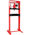 Heavy Duty 12 Ton Hydraulic Shop Press With Built In Pressure Gauge And Toughened Steel Frame, red steel construction for automotive repair.