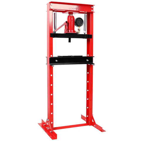Heavy Duty 12 Ton Hydraulic Shop Press With Built In Pressure Gauge And Toughened Steel Frame, red steel construction for automotive repair.