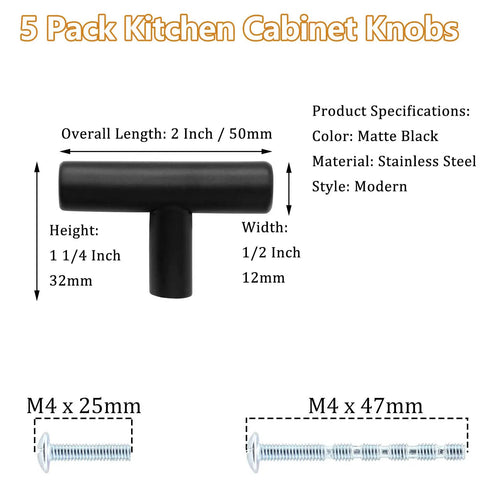 Matte Black Round Cabinet Knobs And Drawer Pulls 2 Inch 5 Pack Modern Classic Kitchen Cupboard Hardware For Furniture Upgrade Top Shelf Rock Solid Build