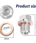 Magnetic M14 X 1.5 Oil Drain Plug Kit With Stainless Steel Pan Bolt And 2 Gaskets For Most Cars, showing product size details.